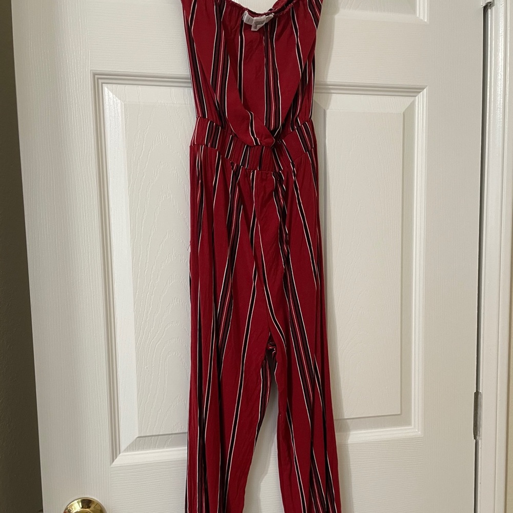 Striped Red & Black Strapless Jumpsuit